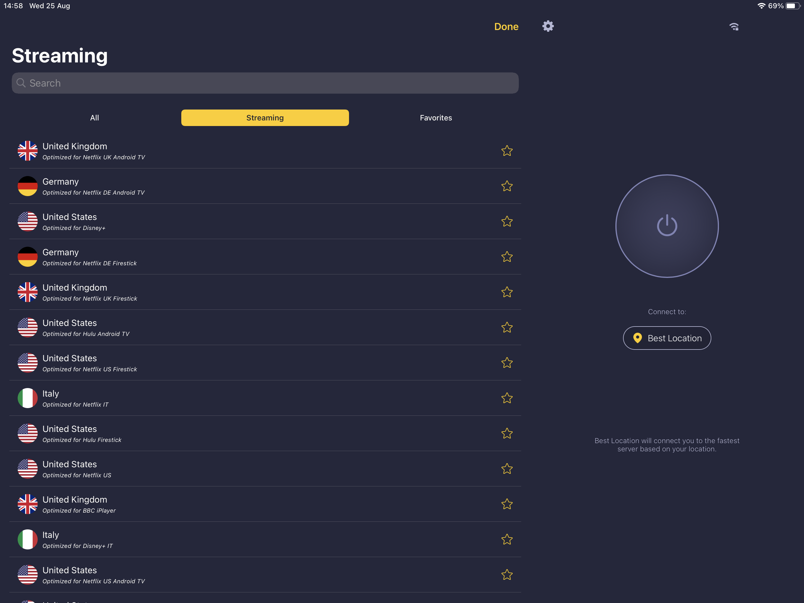Screenshot of the iOS app showing recommended servers for streaming.